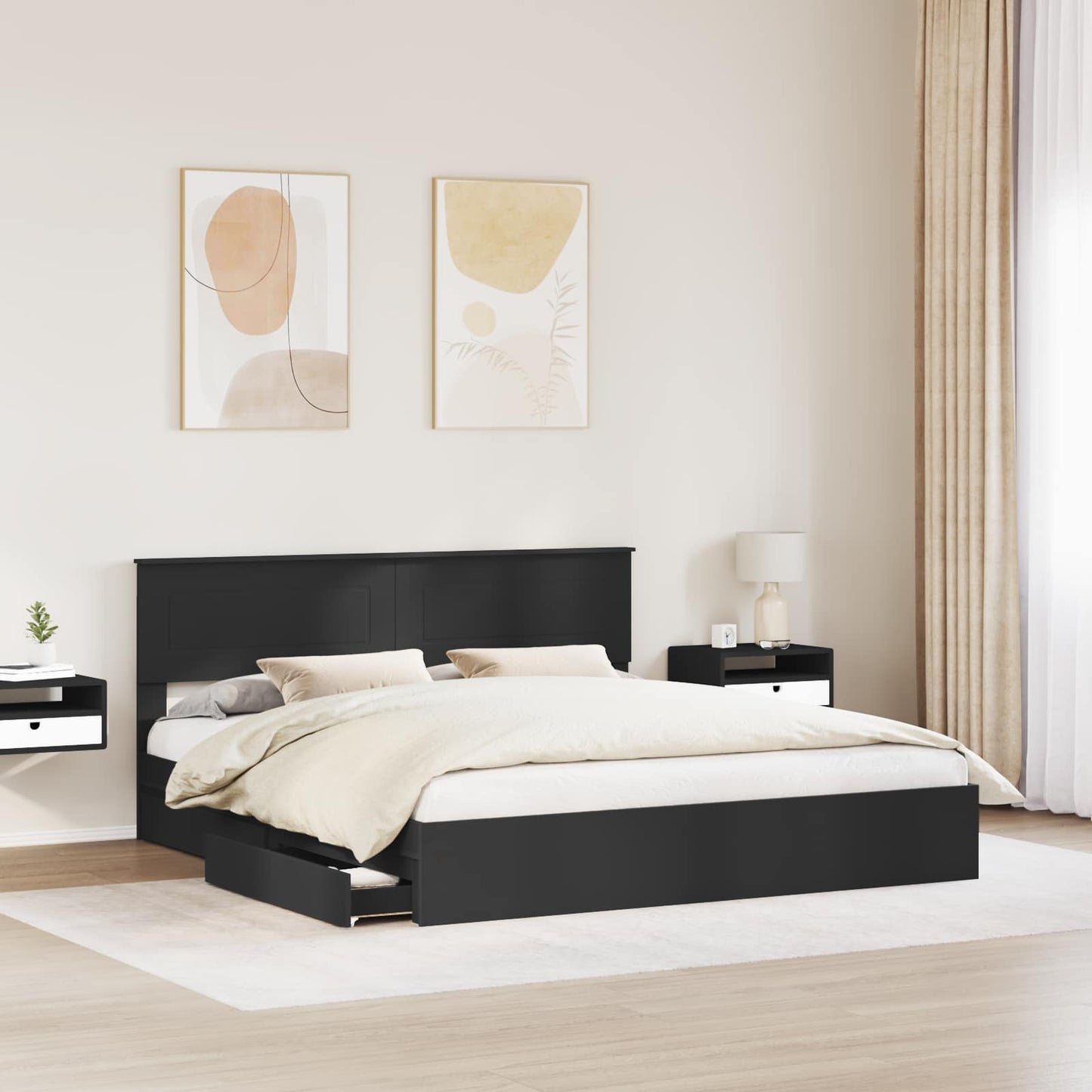 Tárolós Ágy fiókkal fejtámlával Fekete 200 x 200 cm Szerelt Fa