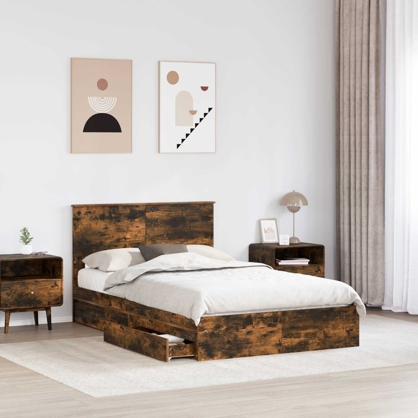 Tárolós Ágy fiókkal Füstölt tölgy 135 x 190 cm Szerelt Fa
