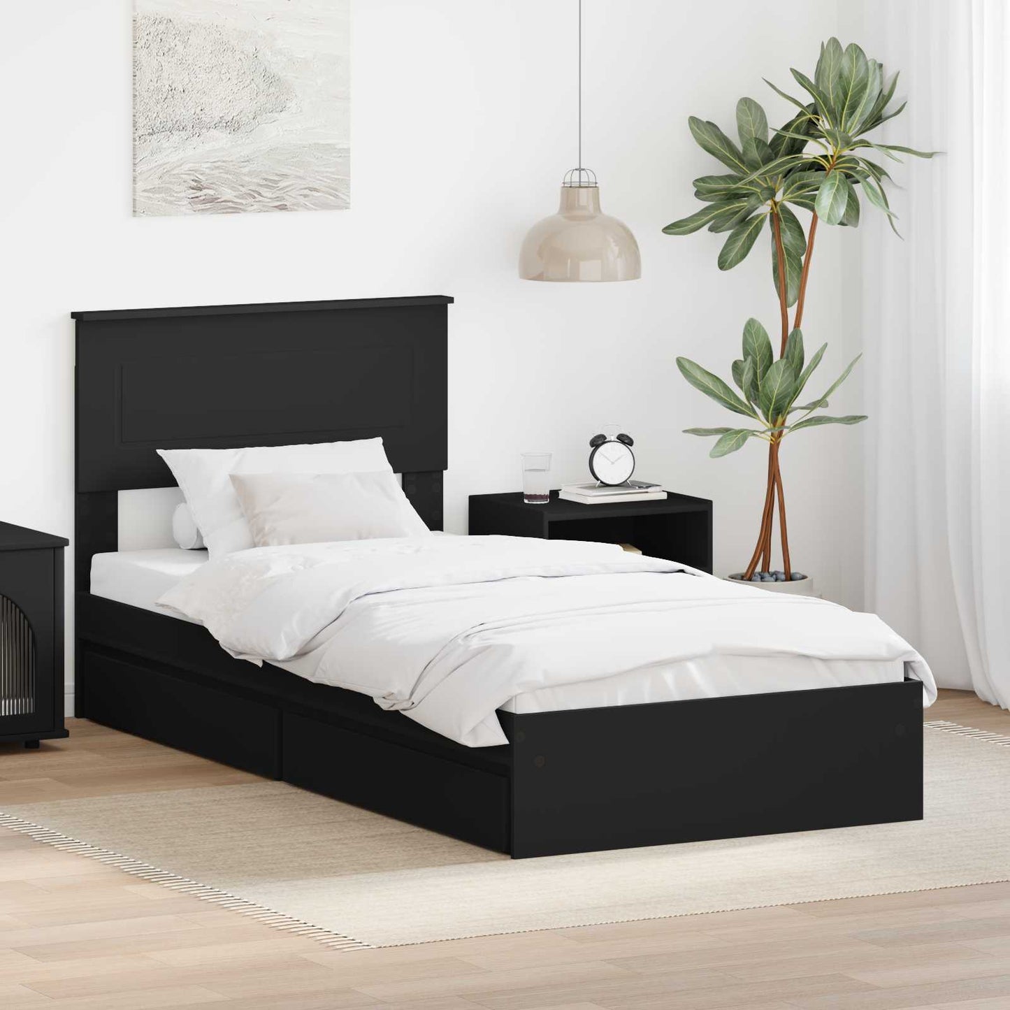 Tárolós Ágy fejtámlával fiókkal Fekete 90 x 190 cm Faanyag