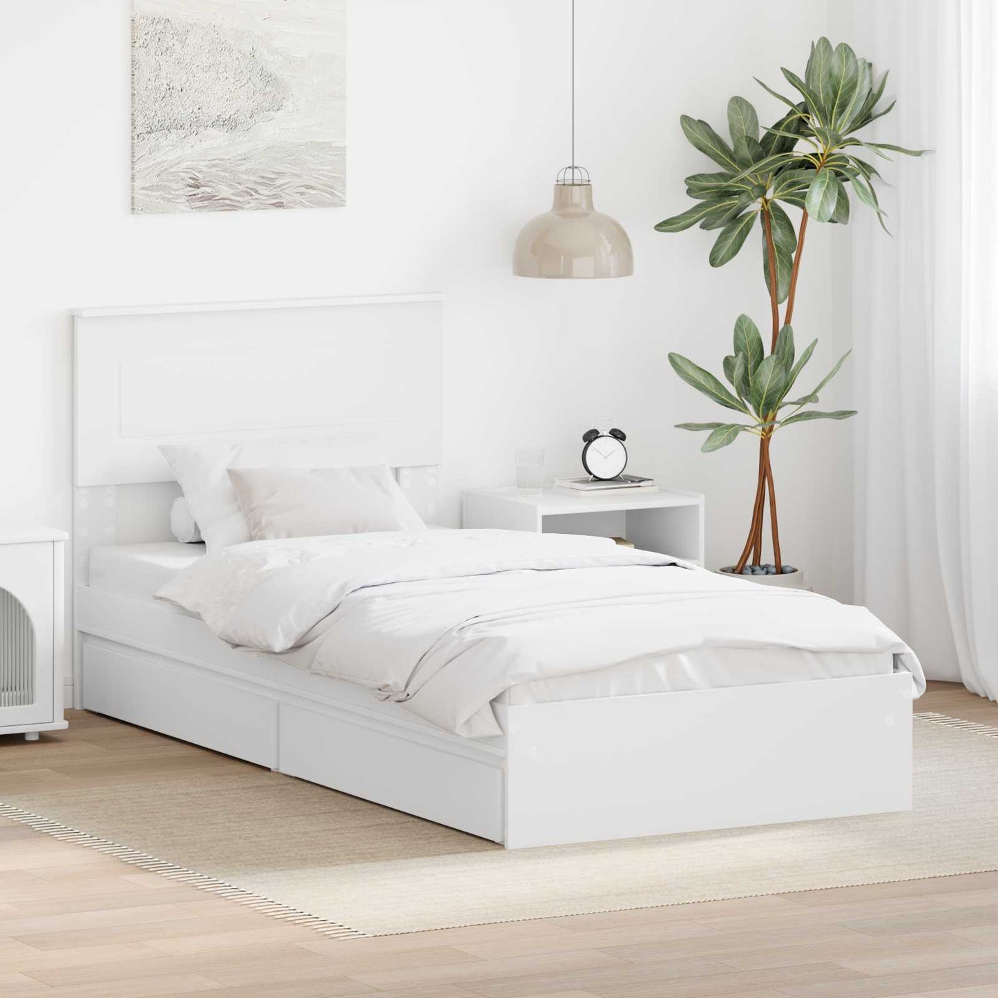 Tárolós Ágy fejtámlával fiókkal Fehér 90 x 200 cm Faanyag