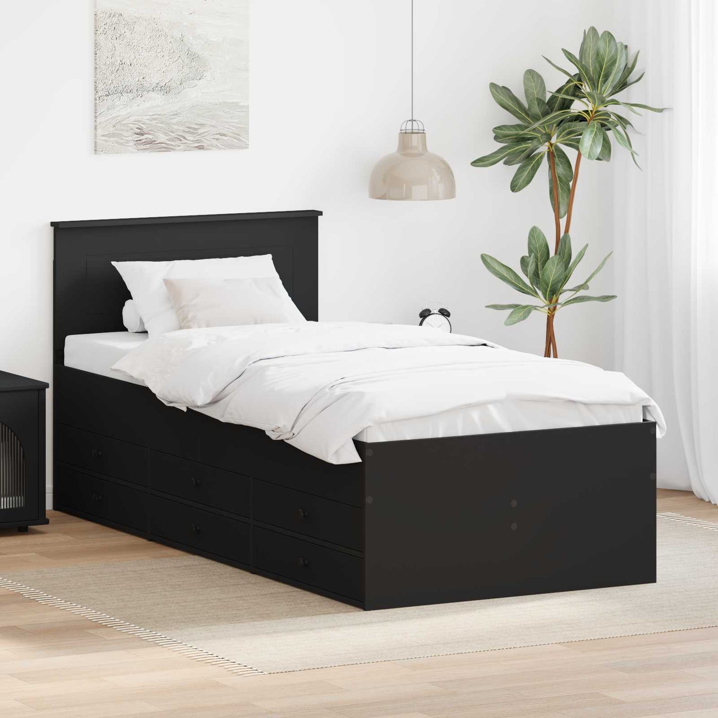 Nappaliágy fiókkal fejtámlával Fekete 90 x 200 cm Faanyag