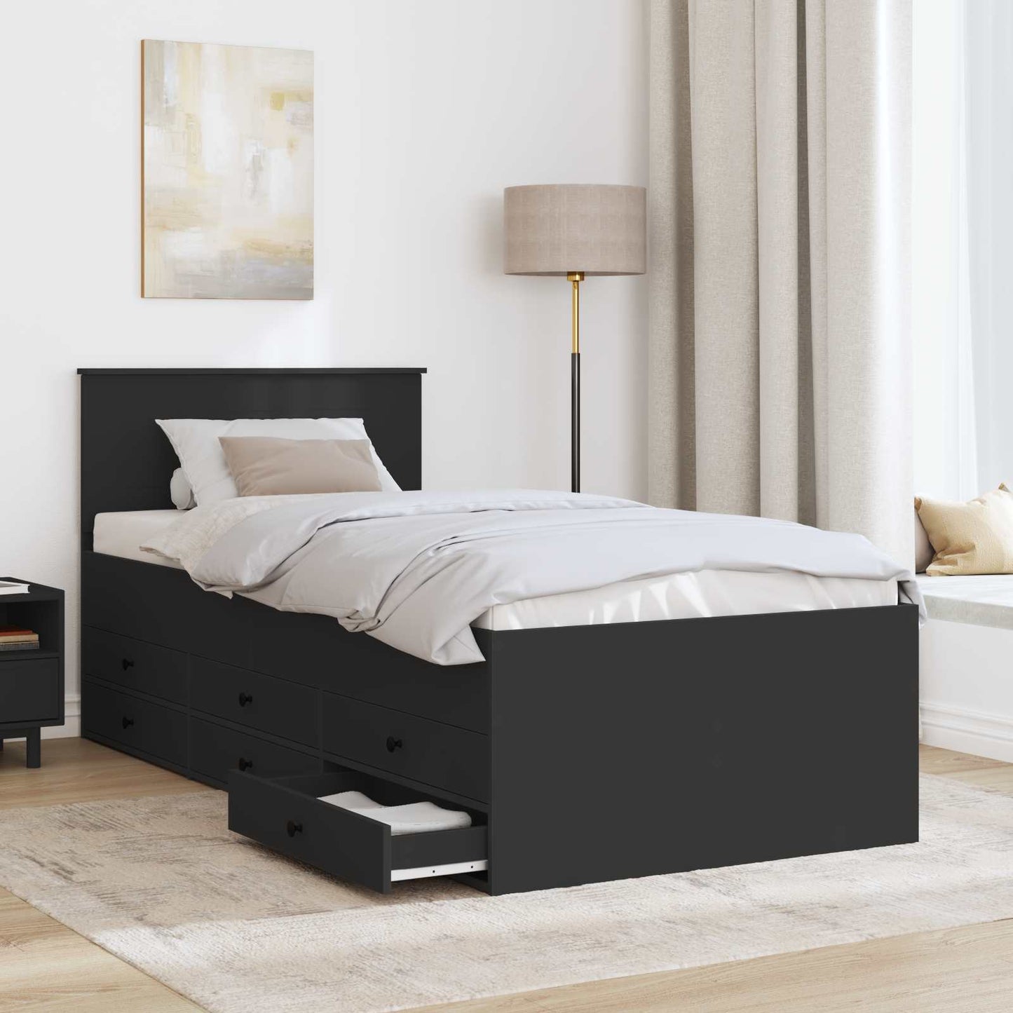 Nappaliágy fiókkal fejtámlával Fekete 90 x 200 cm Faanyag