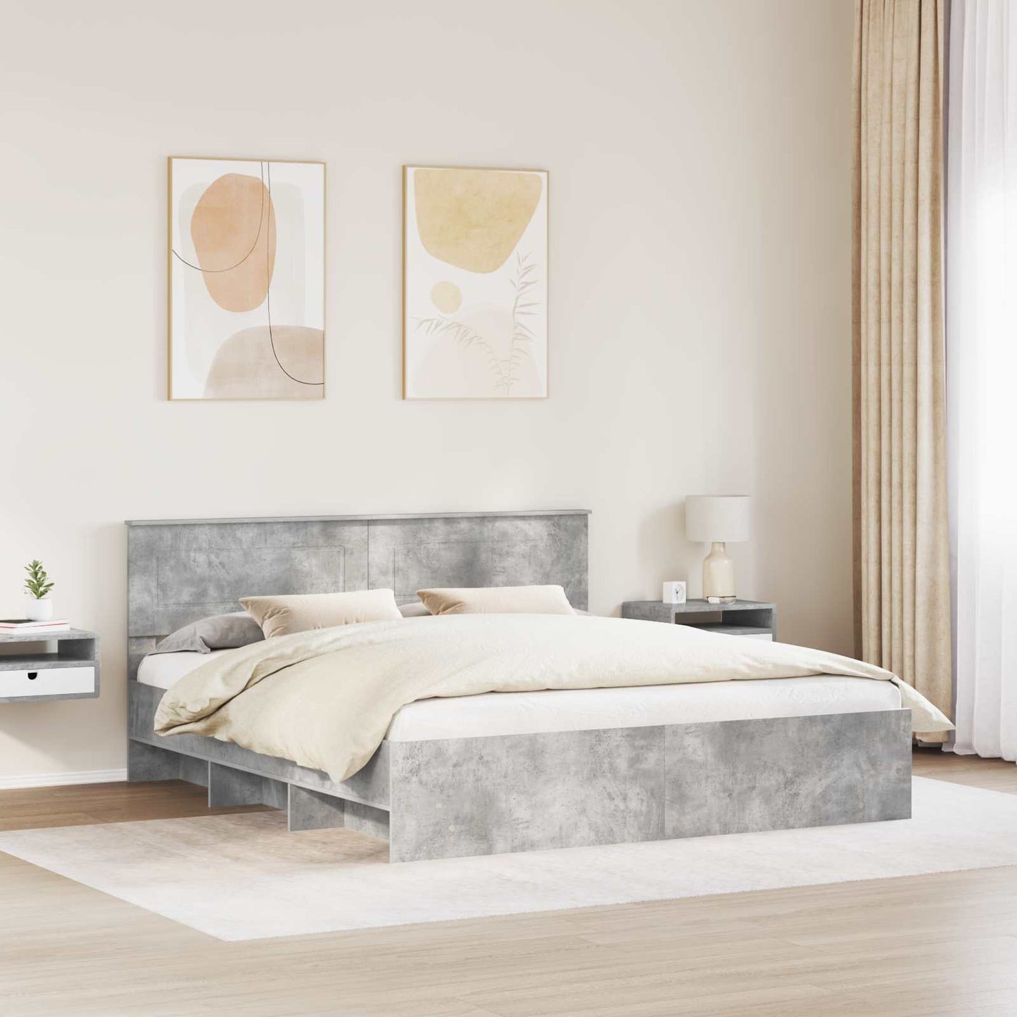 Ágykeret fejtámlával Beton Szürke 200 x 200 cm Szerelt Fa