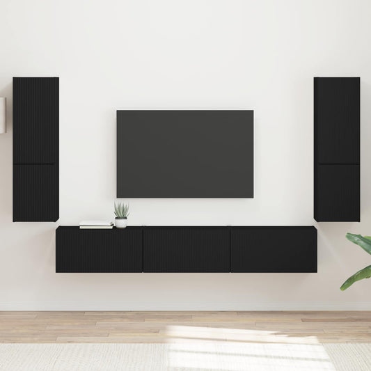 TV szekrény garnitúra Falra szerelhető 4 pcs Fekete Faanyag