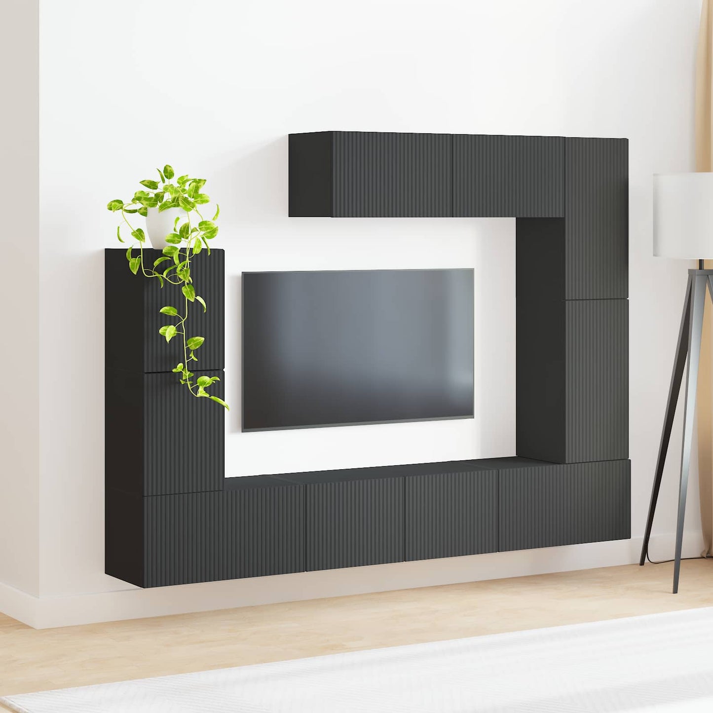 TV szekrény garnitúra Falra szerelhető 5 pcs Fekete Faanyag