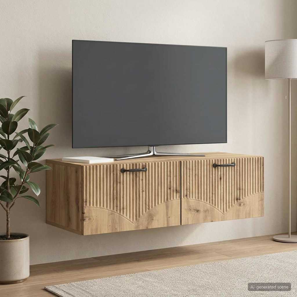 Fali TV szekrény 98 x 41 x 30 cm Kézműves Tölgy Szerelt Fa