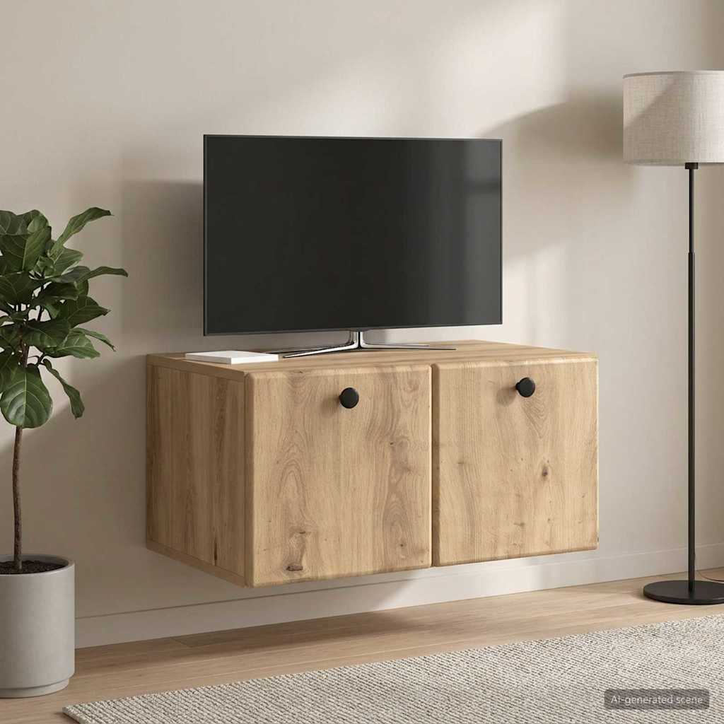 Fali TV szekrény 59,5 x 41 x 30 cm Kézműves Tölgy Szerelt Fa