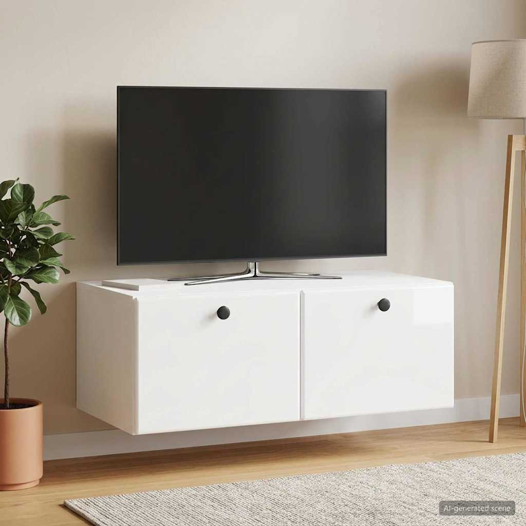 Fali TV szekrény 78,5 x 41 x 30 cm Magasfényű Fehér Szerelt Fa