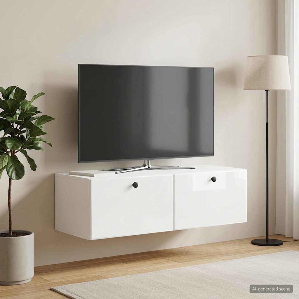 Fali TV szekrény 98 x 41 x 30 cm Magasfényű Fehér Szerelt Fa