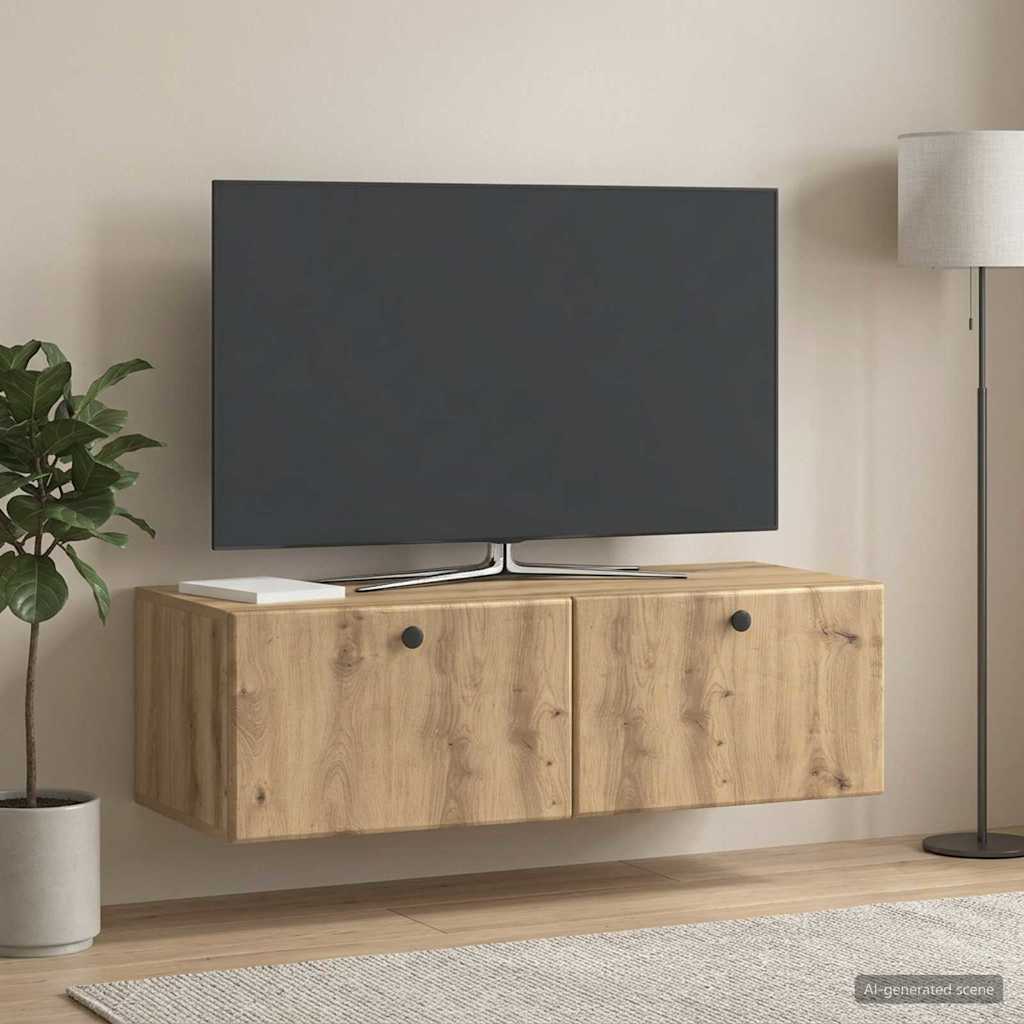 Fali TV szekrény 98 x 41 x 30 cm Kézműves Tölgy Szerelt Fa