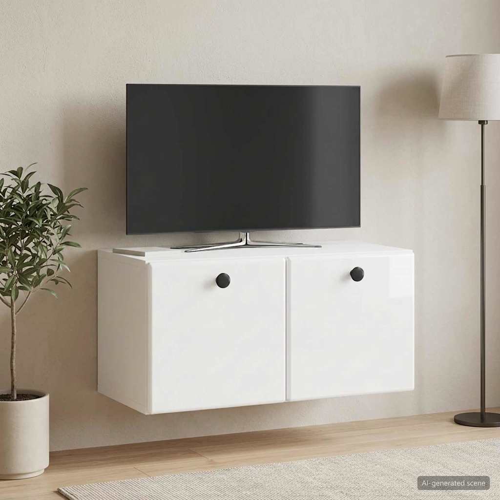Fali TV szekrény 59,5 x 31 x 30 cm Magasfényű Fehér Szerelt Fa