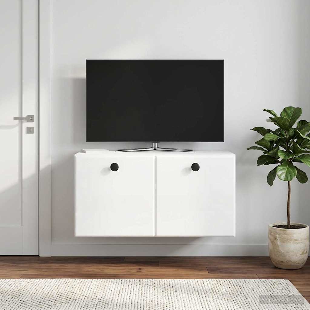 Fali TV szekrény 59,5 x 31 x 30 cm Magasfényű Fehér Szerelt Fa
