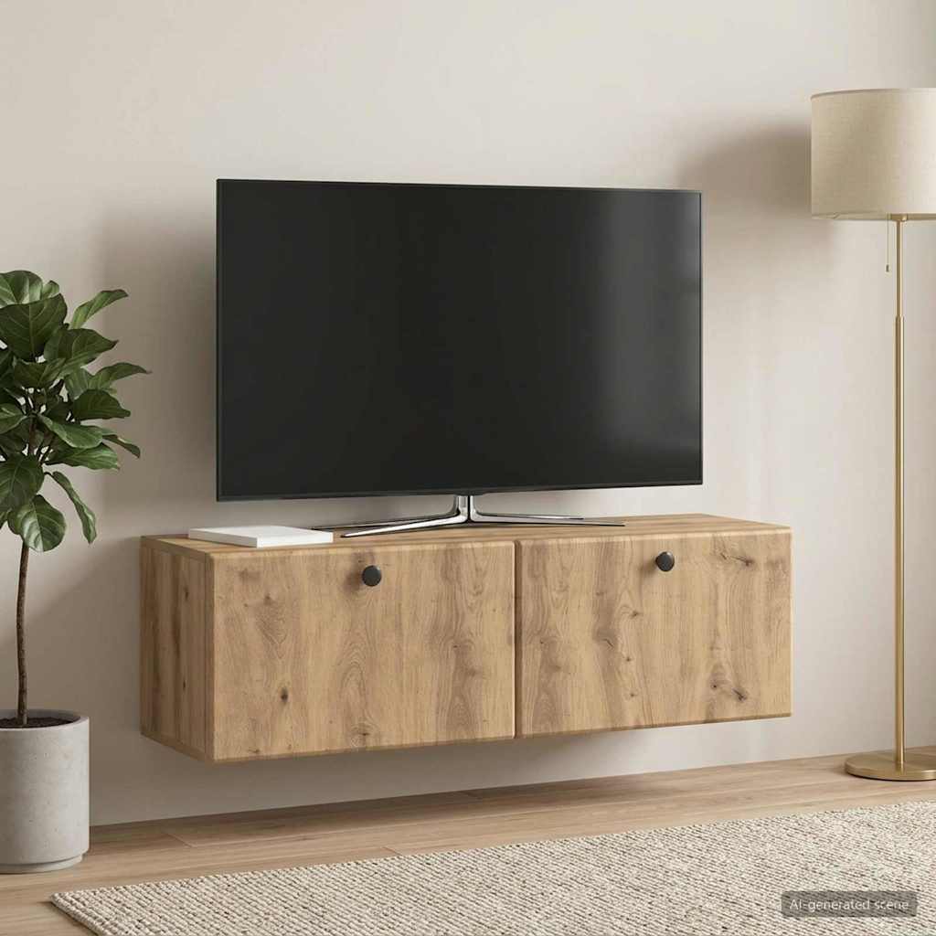 Fali TV szekrény 98 x 31 x 30 cm Kézműves Tölgy Szerelt Fa
