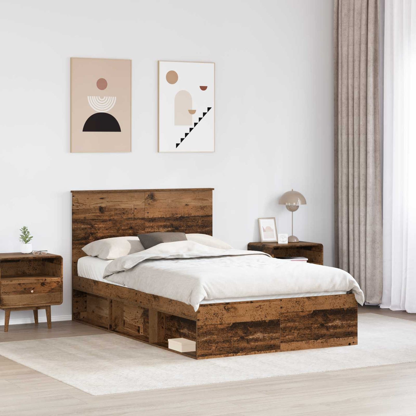 Ágykeret fejtámlával fiókkal Öreg fa 135 x 190 cm Tömör fenyőfa