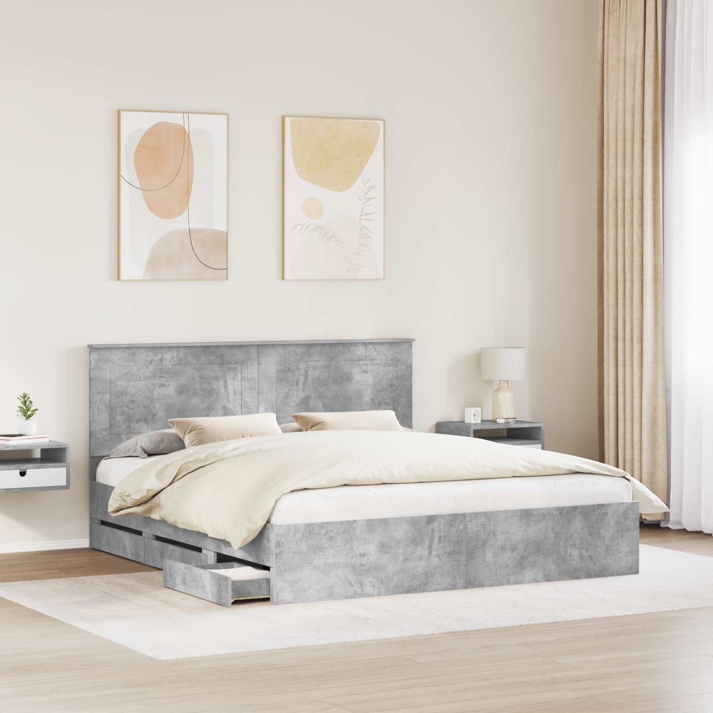 Ágykeret fiókkal tárolóval Beton Szürke 200 x 200 cm Mérnöki Fa