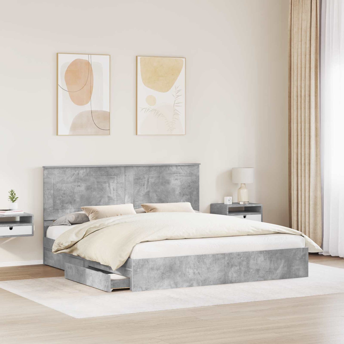 Tárolós Ágy fiókkal Beton Szürke 200 x 200 cm Szerelt Fa