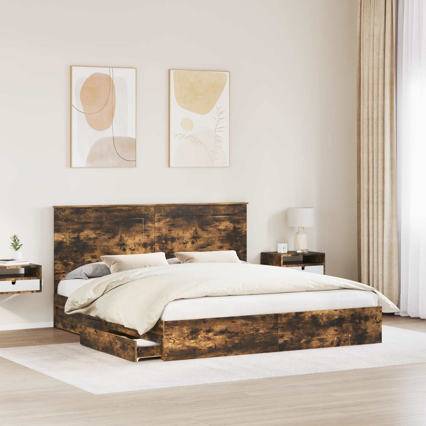 Tárolós Ágy fiókkal Füstölt tölgy 180 x 200 cm Szerelt Fa