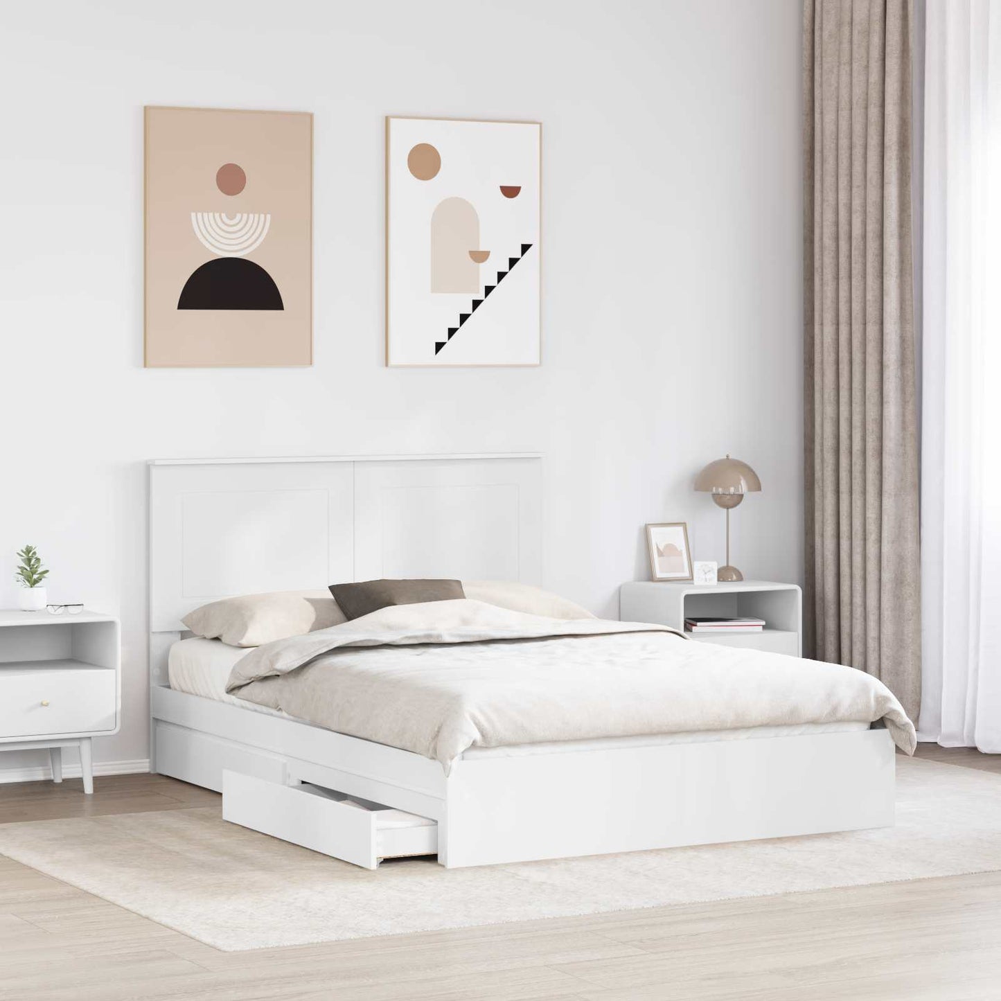 Tárolós Ágy fejtámlával fiókkal Fehér 140 x 200 cm Faanyag