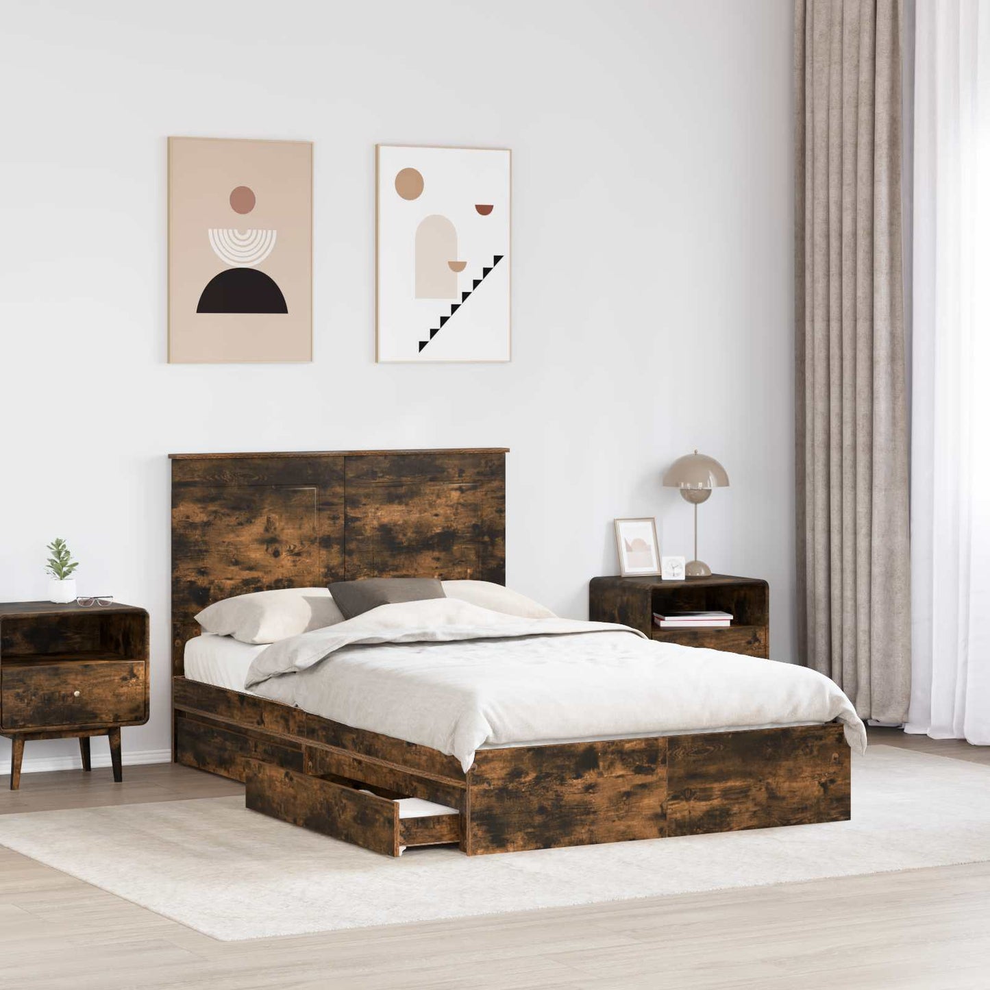 Tárolós Ágy fiókkal Füstölt tölgy 135 x 190 cm Szerelt Fa