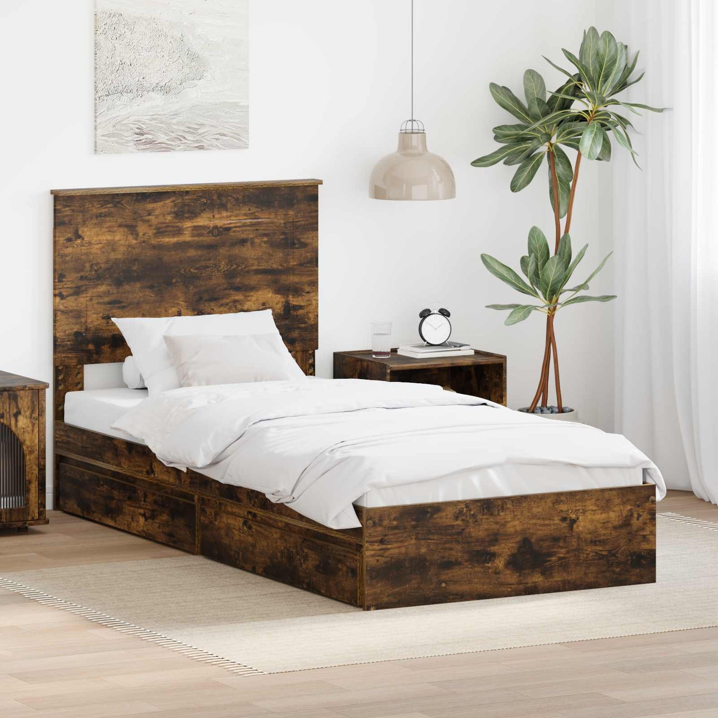 Tárolós Ágy fiókkal Füstölt tölgy 90 x 200 cm Szerelt Fa