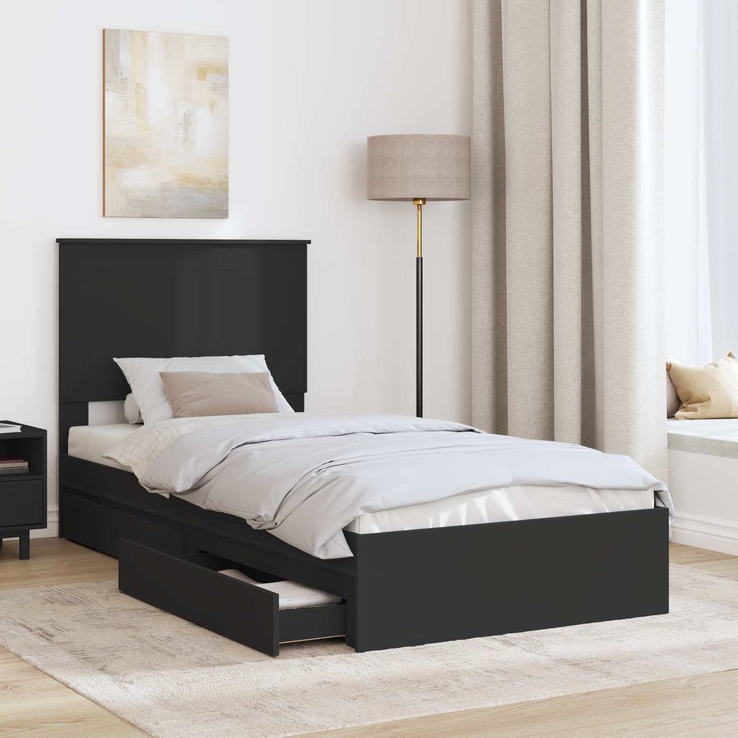 Tárolós Ágy fiókkal fejtámlával Fekete 75 x 190 cm Szerelt Fa