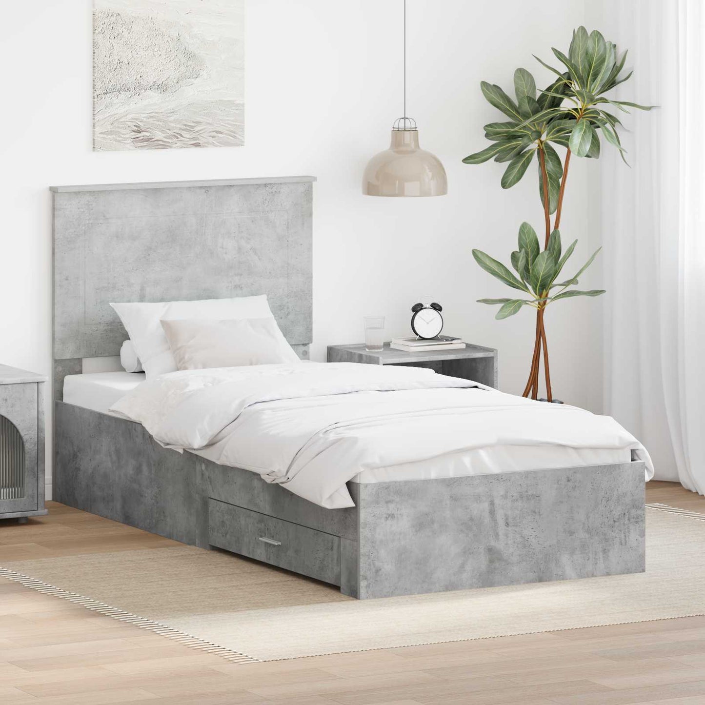 Ágykeret fejtámlával fiókkal Beton Szürke 90 x 200 cm Faanyag