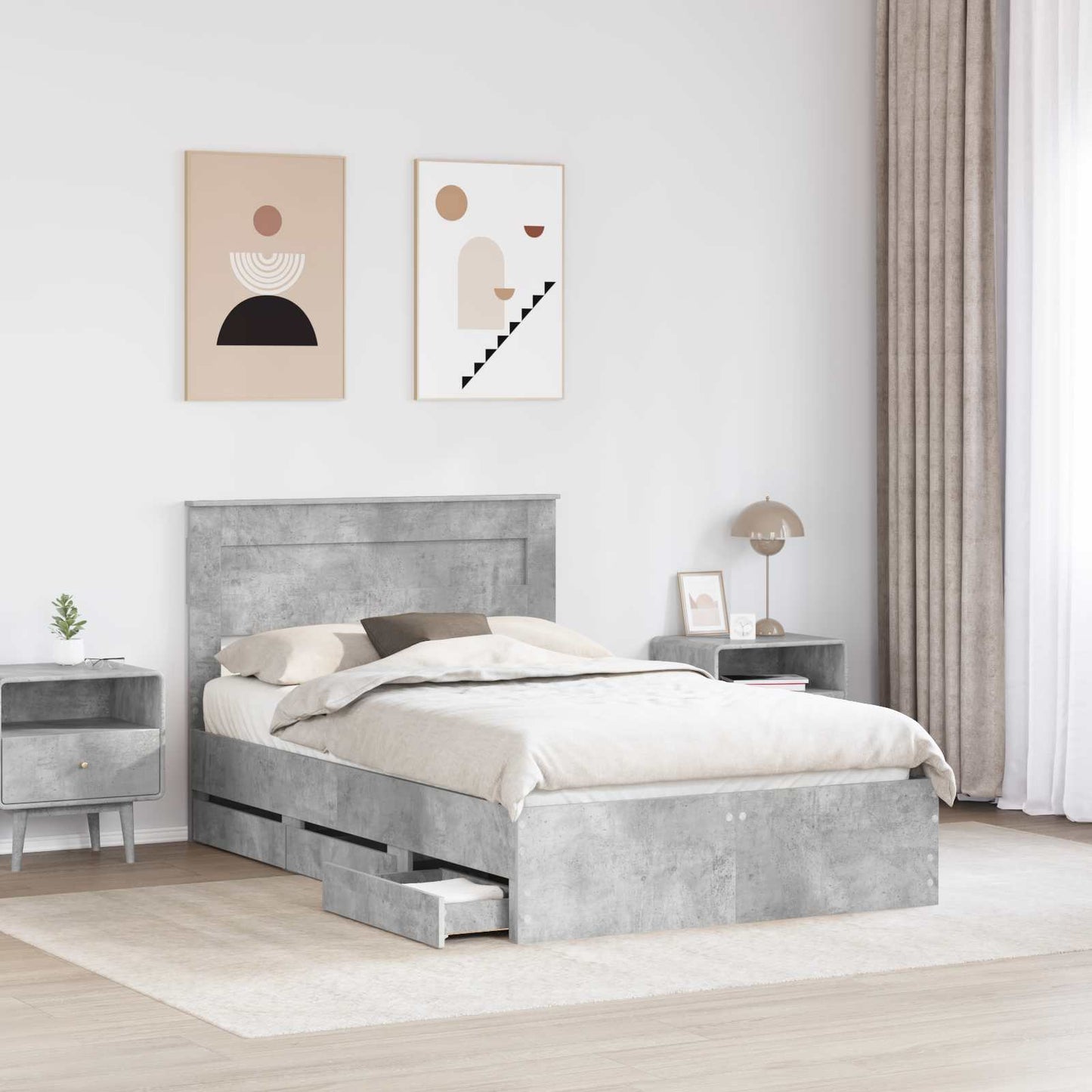 Ágykeret fiókkal tárolóval Beton Szürke 135 x 190 cm Mérnöki Fa