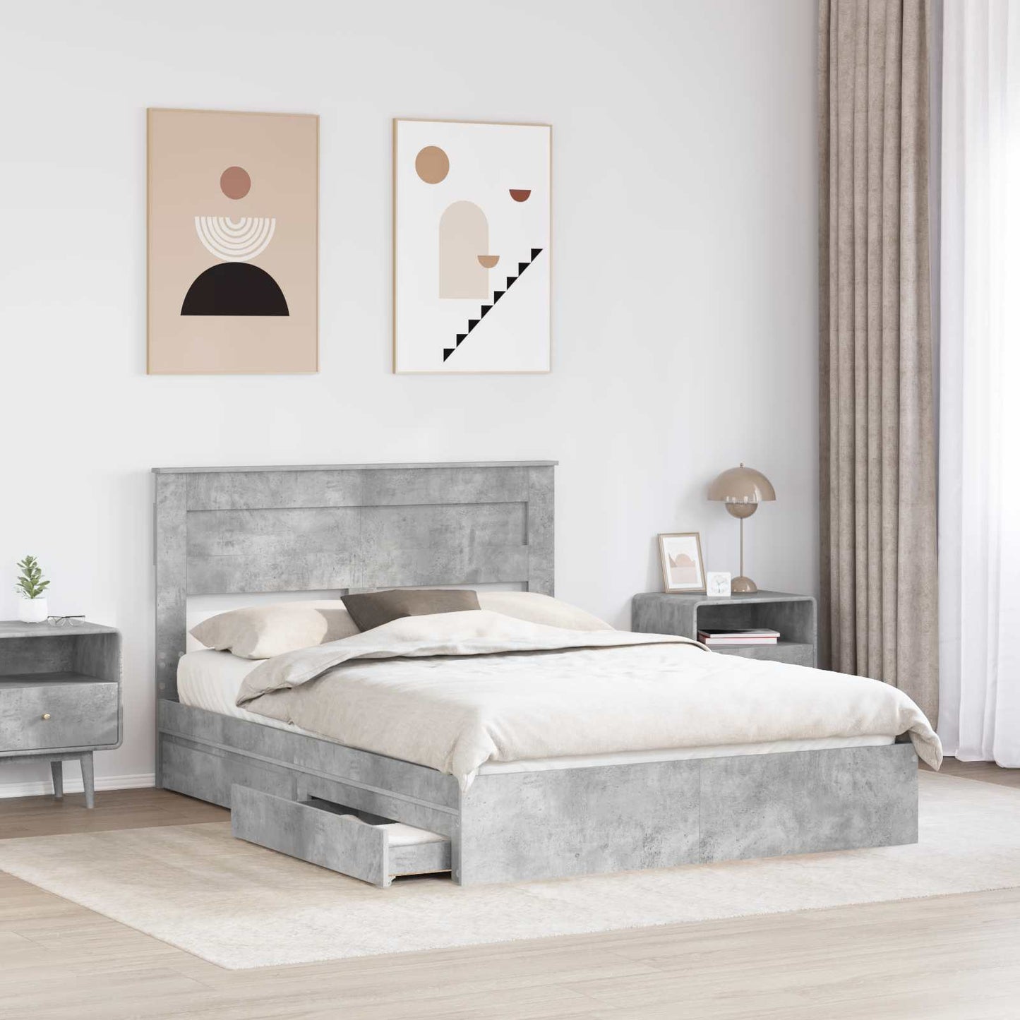 Tárolós Ágy fiókkal Beton Szürke 150 x 200 cm Szerelt Fa