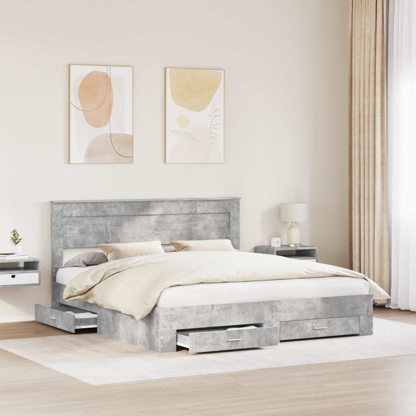 Ágykeret fiókkal tárolóval Beton Szürke 200 x 200 cm Szerelt Fa