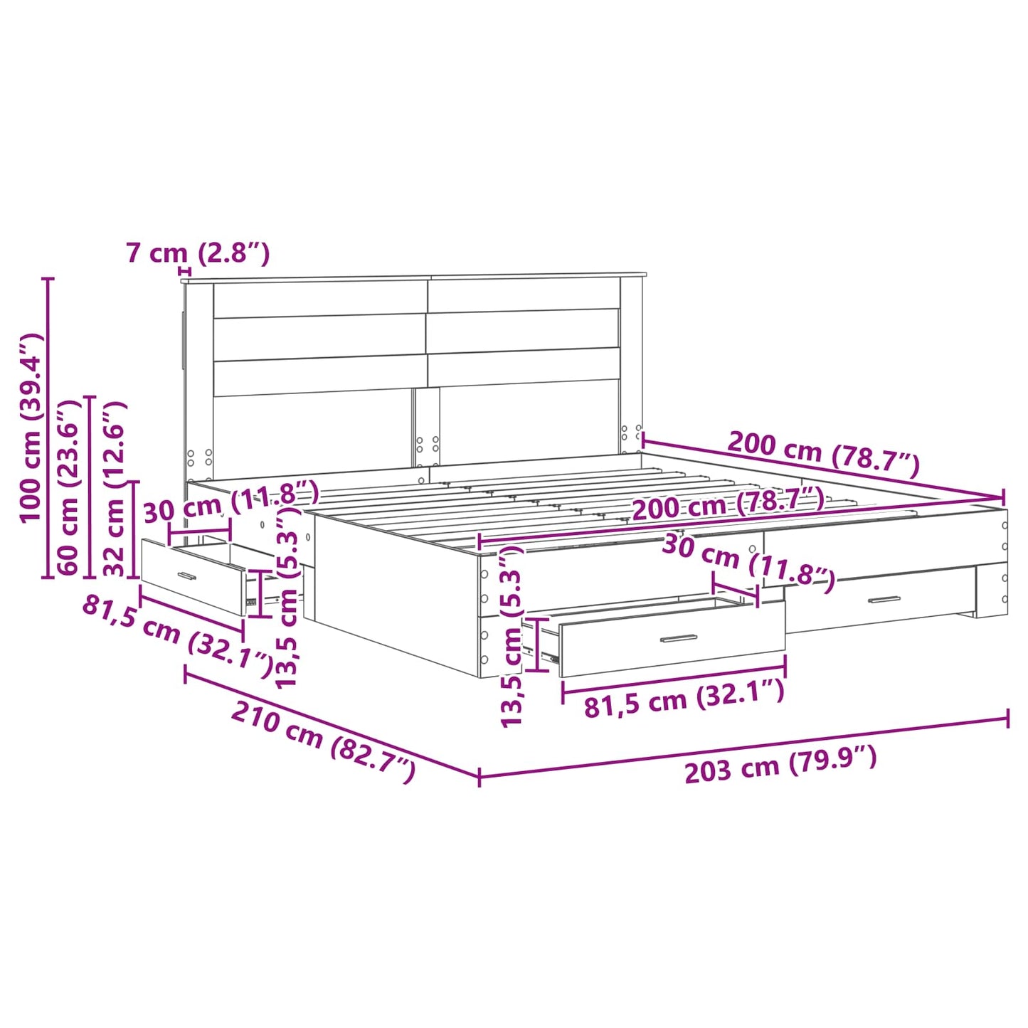 Ágykeret fiókkal tárolóval Beton Szürke 200 x 200 cm Szerelt Fa