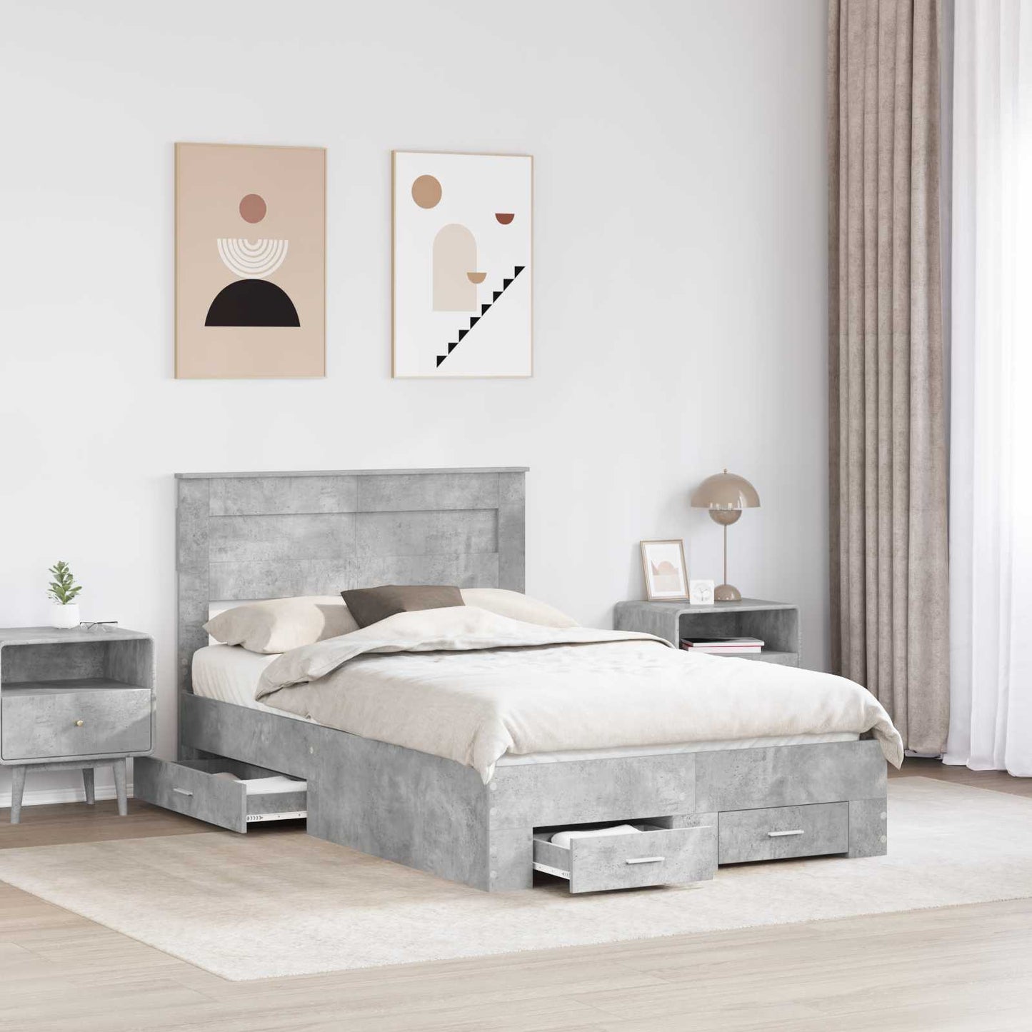 Ágykeret fiókkal tárolóval Beton Szürke 120 x 200 cm Szerelt Fa