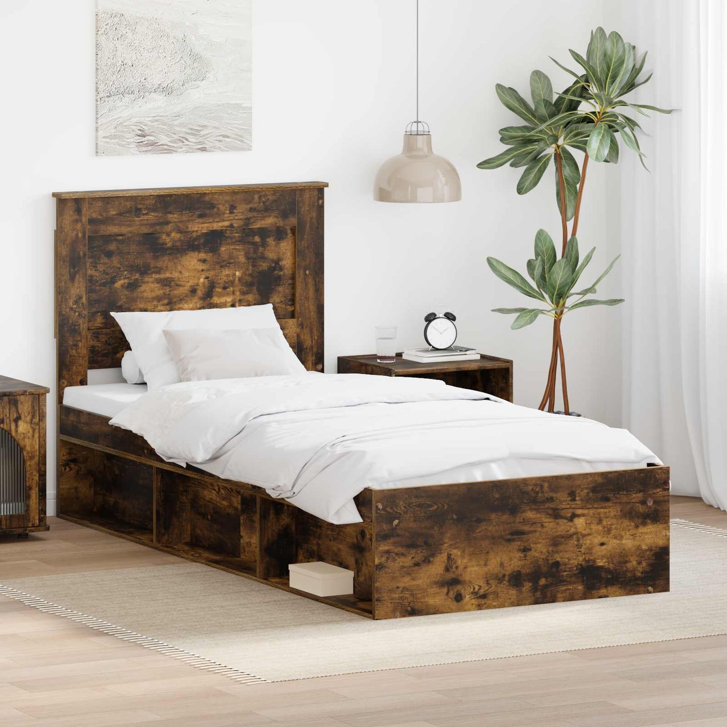Ágykeret fejtámlával Füstölt tölgy 90 x 190 cm Tömör fenyőfa