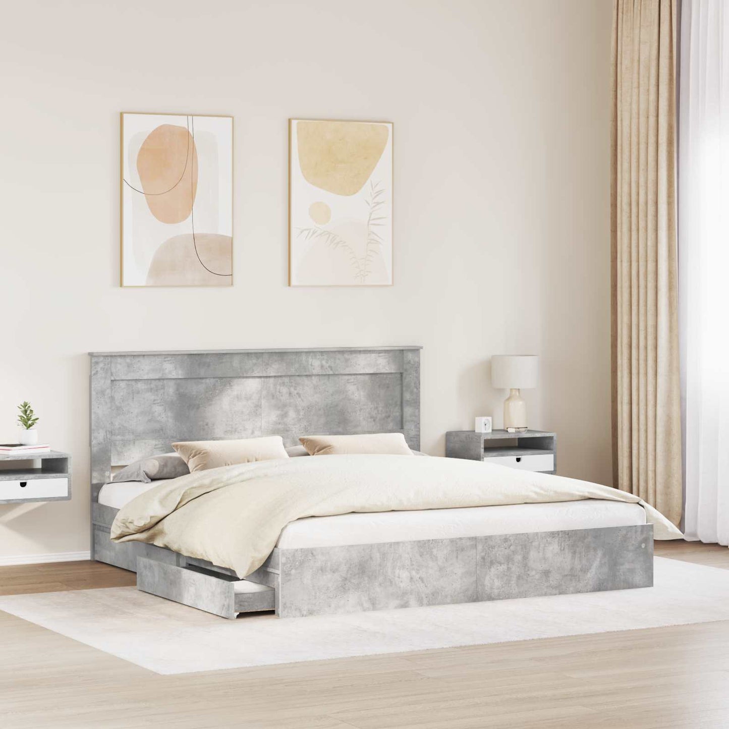 Tárolós Ágy fiókkal Beton Szürke 200 x 200 cm Szerelt Fa