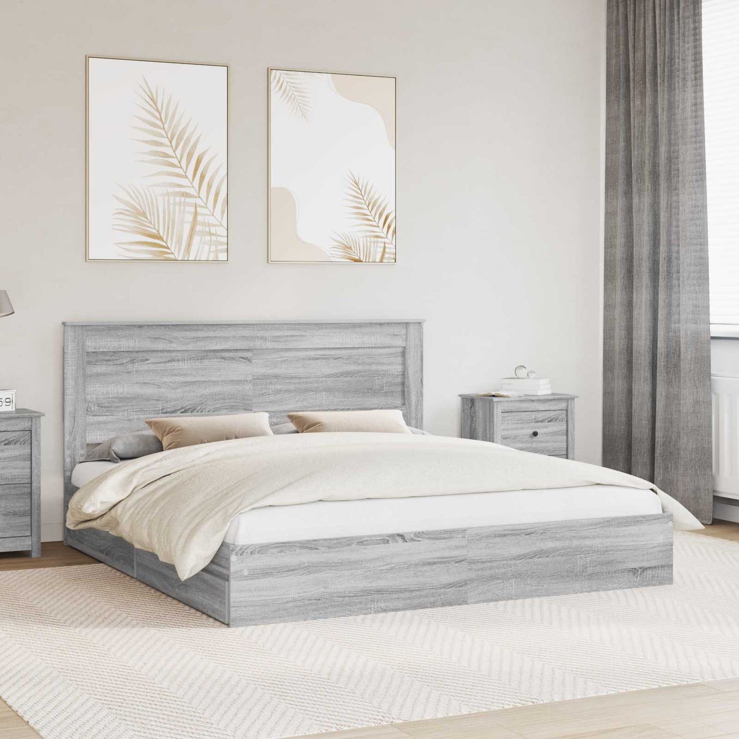 Tárolós Ágy fiókkal Szürke Sonoma 200 x 200 cm Szerelt Fa