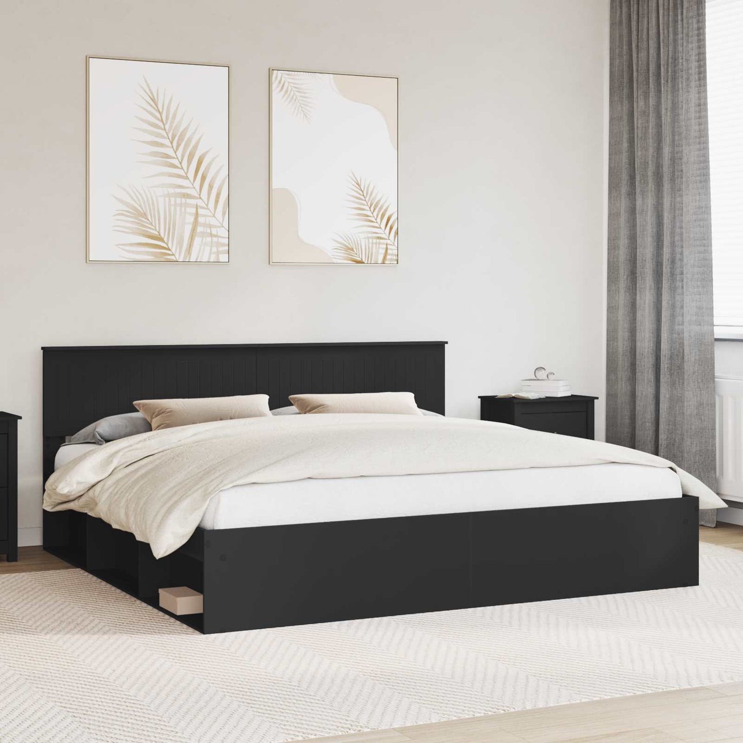 Ágykeret fejtámlával Fekete 200 x 200 cm Tömör fenyőfa