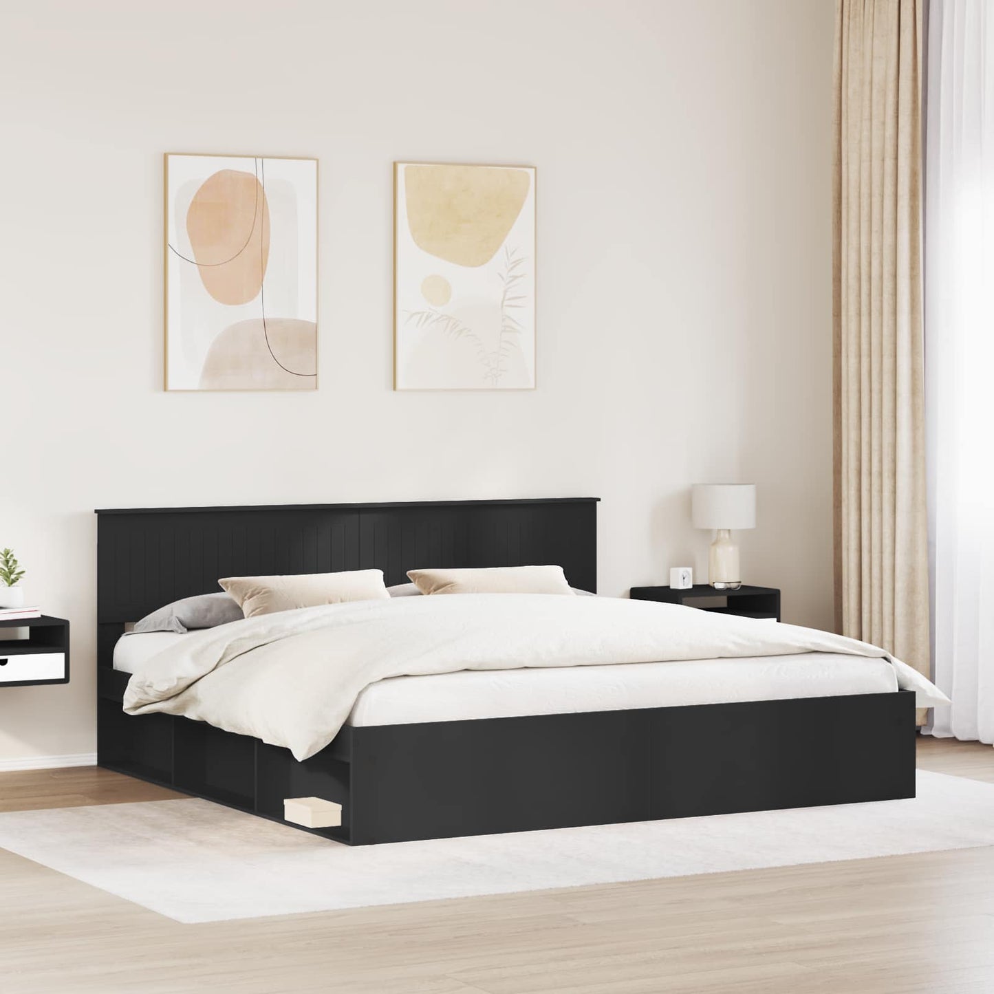 Ágykeret fejtámlával Fekete 200 x 200 cm Tömör fenyőfa