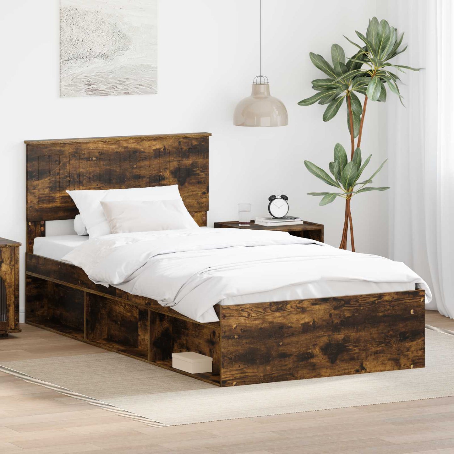 Ágykeret fejtámlával Füstölt tölgy 100 x 200 cm Tömör fenyőfa