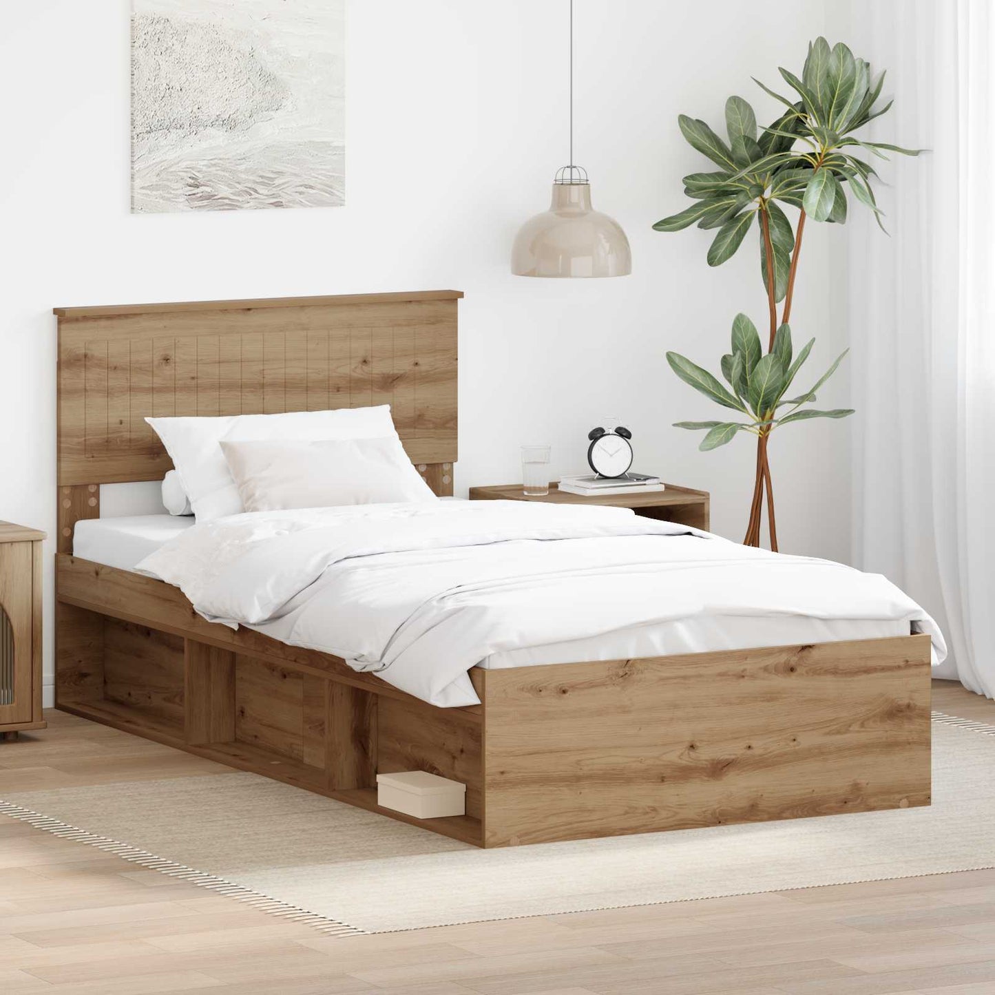 Ágykeret fejtámlával Művészi tölgy 100 x 200 cm Tömör fenyőfa