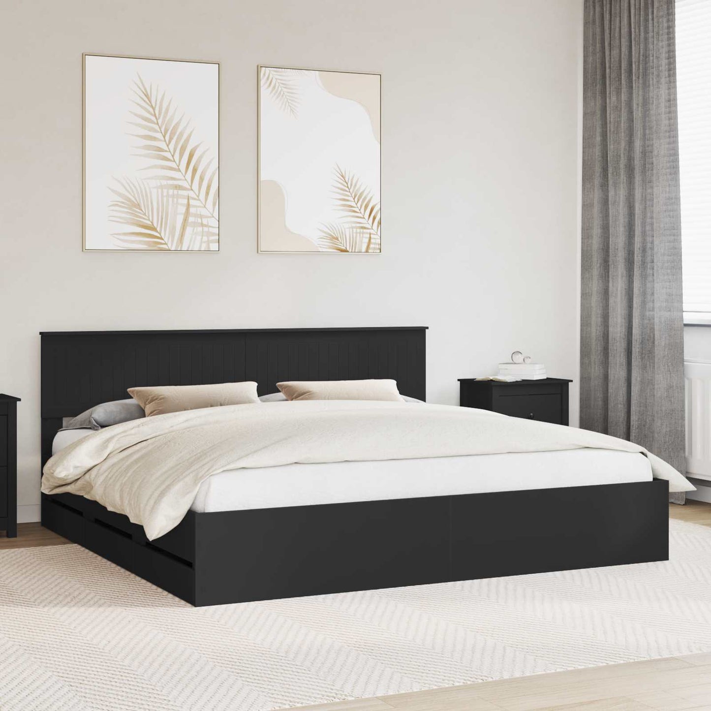 Ágykeret fiókkal fejtámlával Fekete 200 x 200 cm Mérnöki Fa