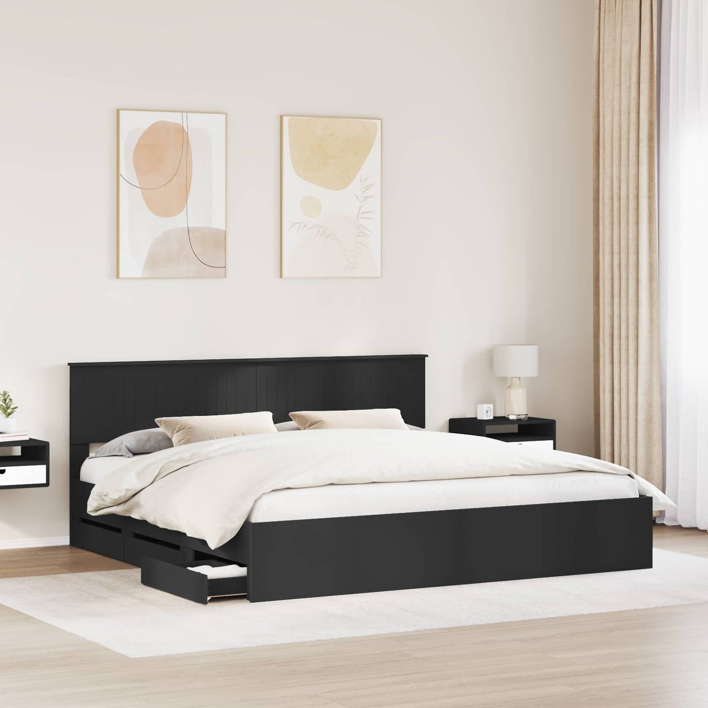 Ágykeret fiókkal fejtámlával Fekete 200 x 200 cm Mérnöki Fa