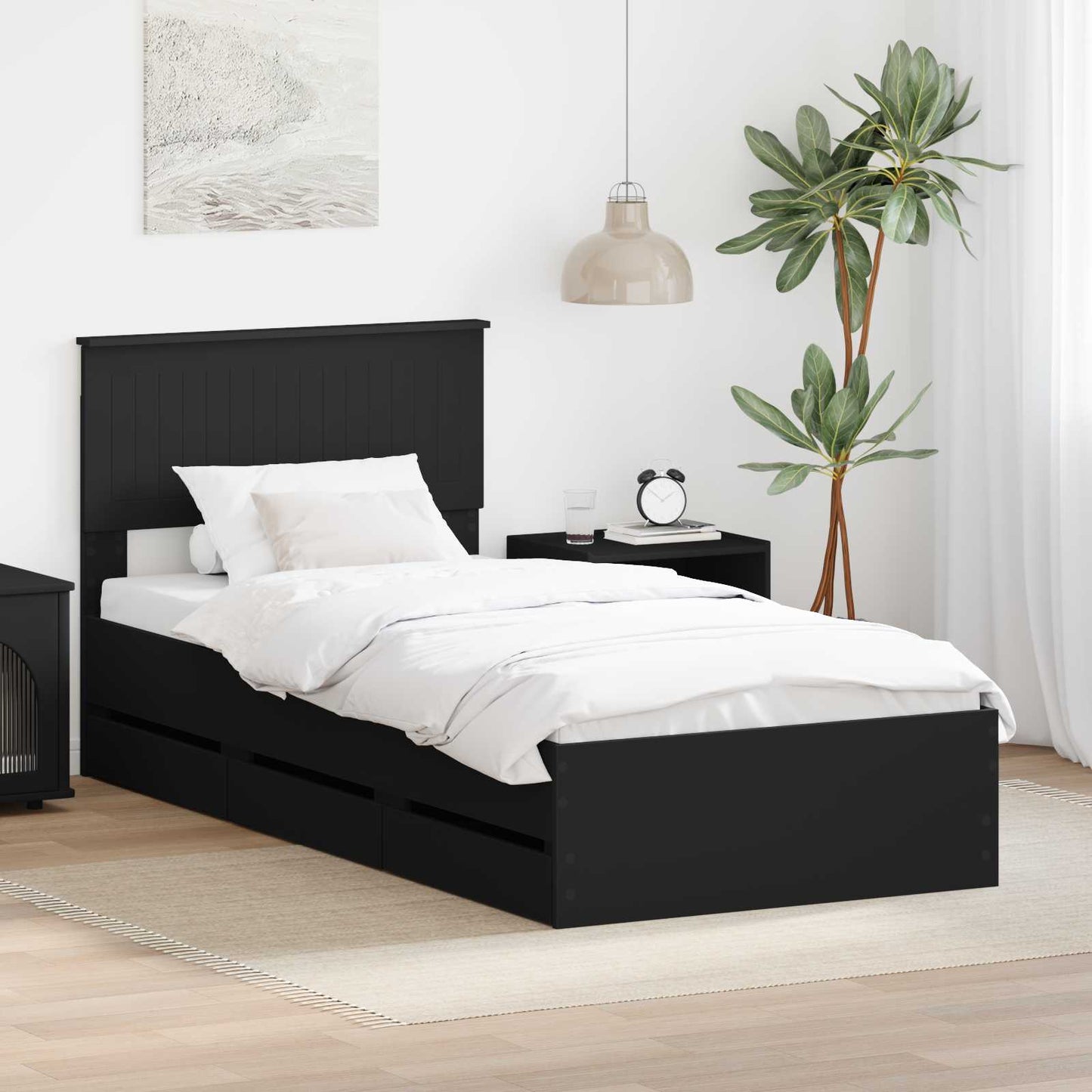 Ágykeret fiókkal fejtámlával Fekete 90 x 200 cm Mérnöki Fa