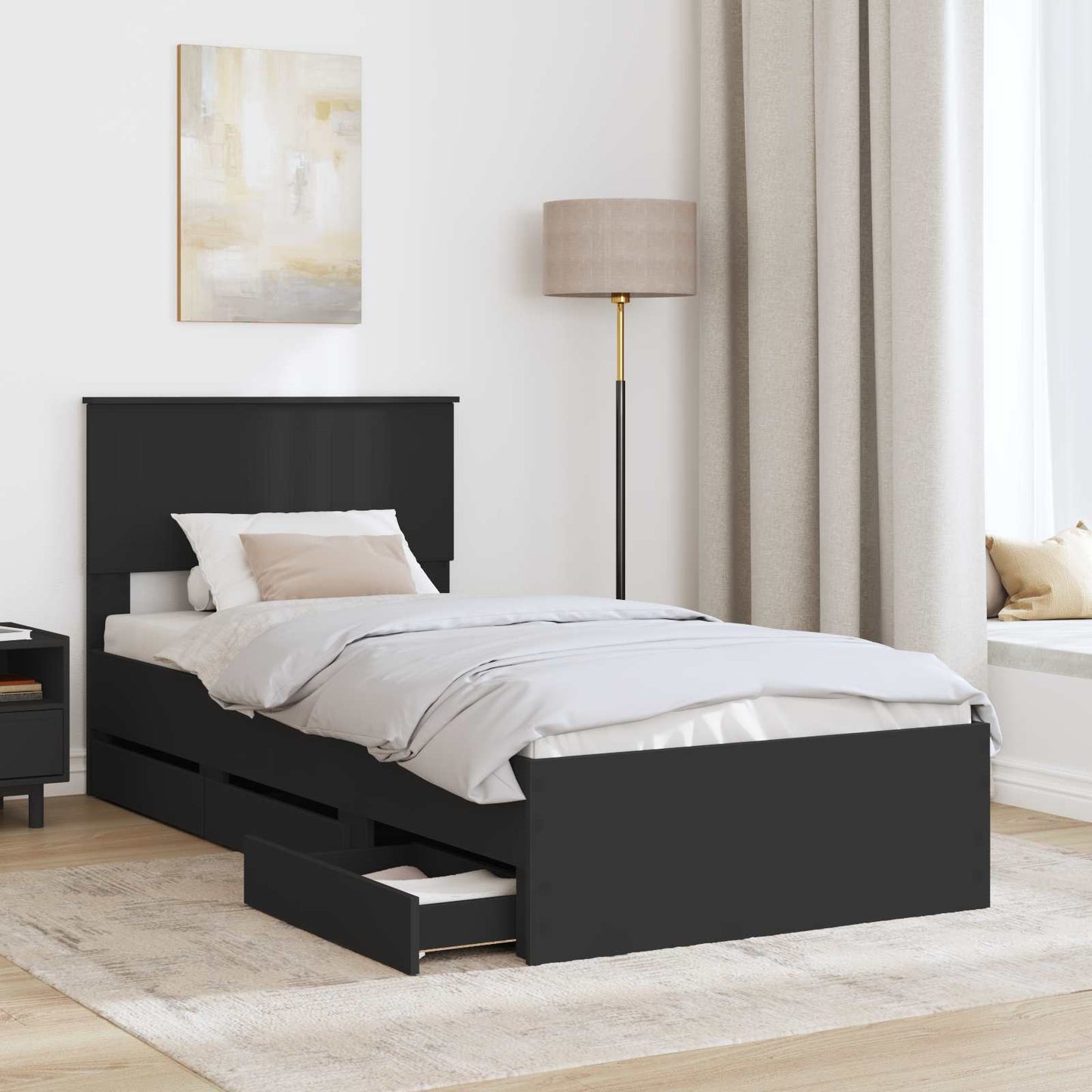 Ágykeret fiókkal fejtámlával Fekete 90 x 200 cm Mérnöki Fa