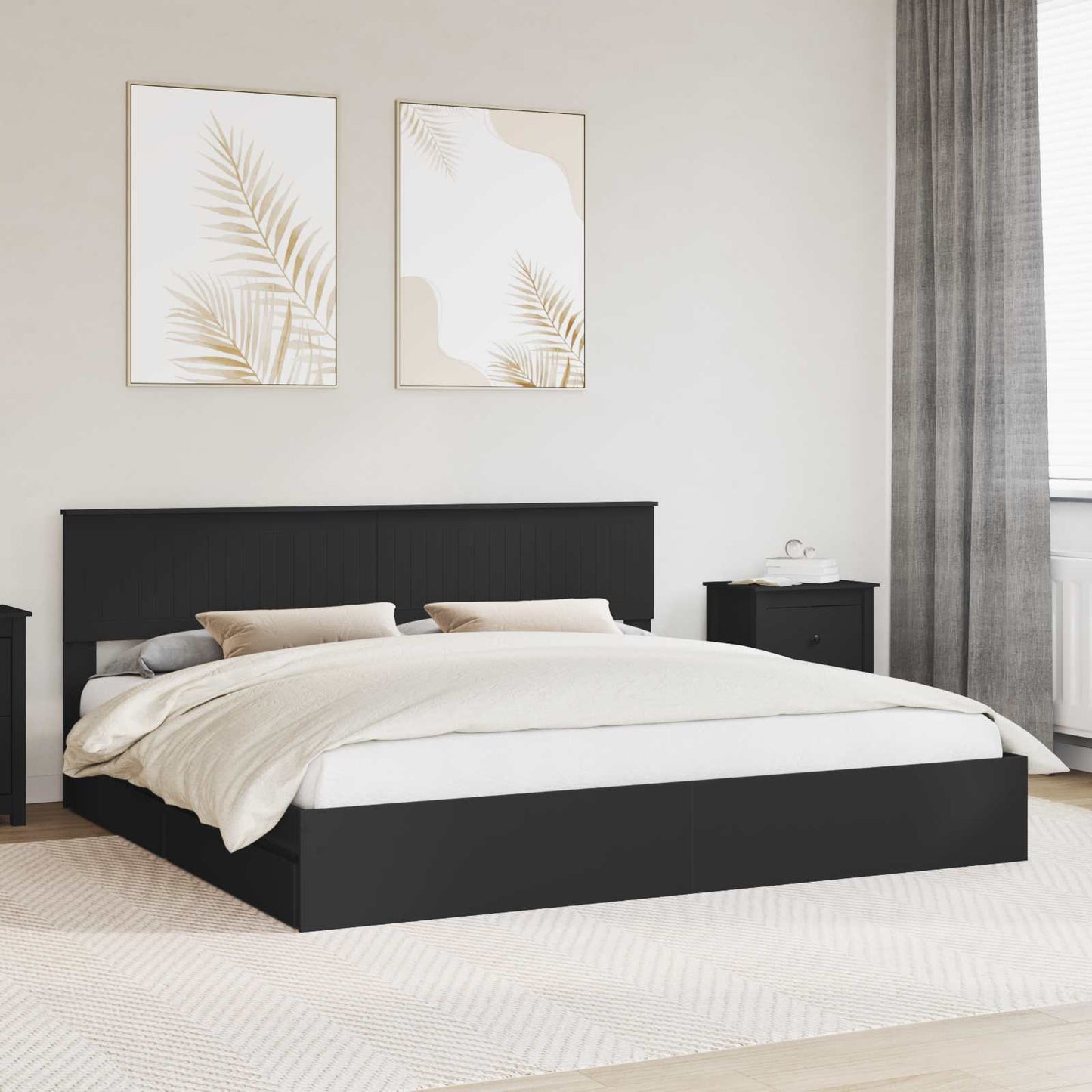 Tárolós Ágy fiókkal fejtámlával Fekete 200 x 200 cm Szerelt Fa