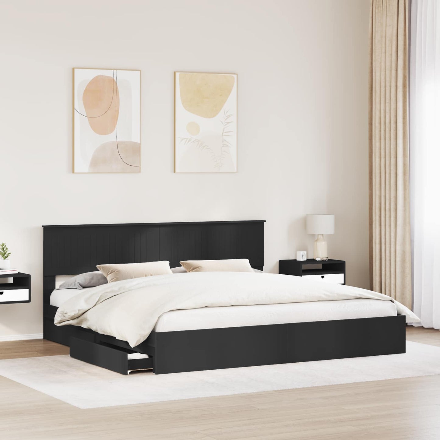 Tárolós Ágy fiókkal fejtámlával Fekete 200 x 200 cm Szerelt Fa