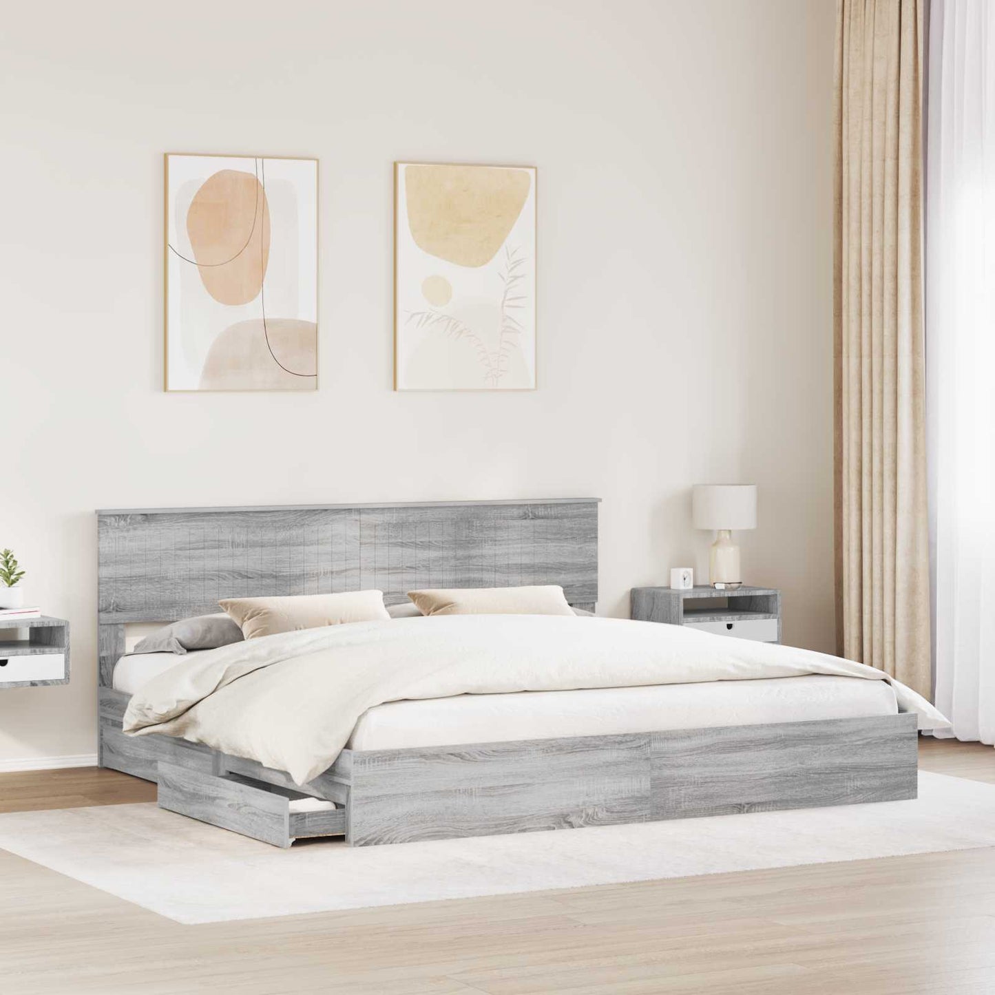 Tárolós Ágy fiókkal Szürke Sonoma 200 x 200 cm Szerelt Fa