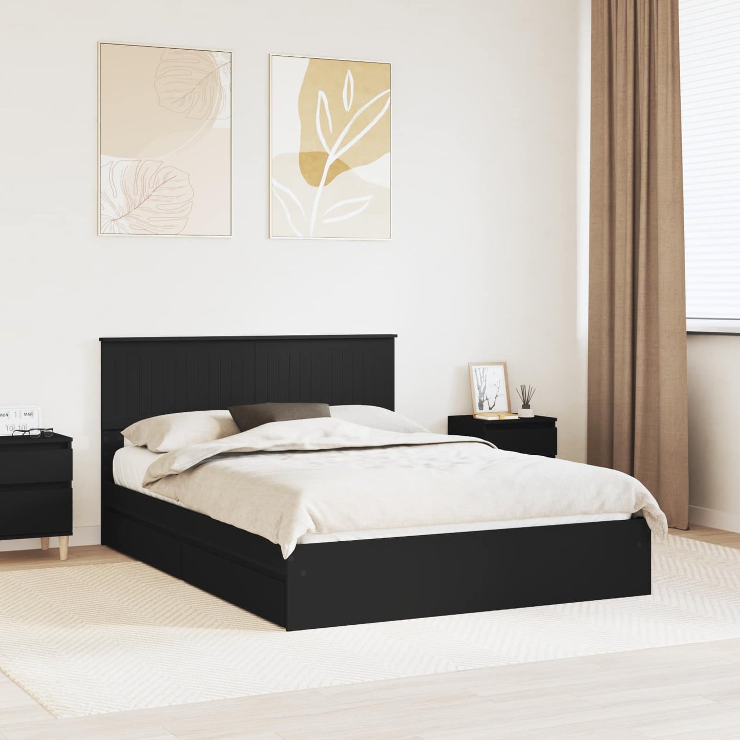 Tárolós Ágy fiókkal fejtámlával Fekete 135 x 190 cm Szerelt Fa