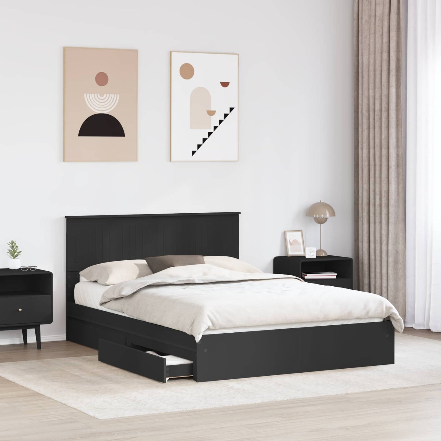 Tárolós Ágy fiókkal fejtámlával Fekete 135 x 190 cm Szerelt Fa