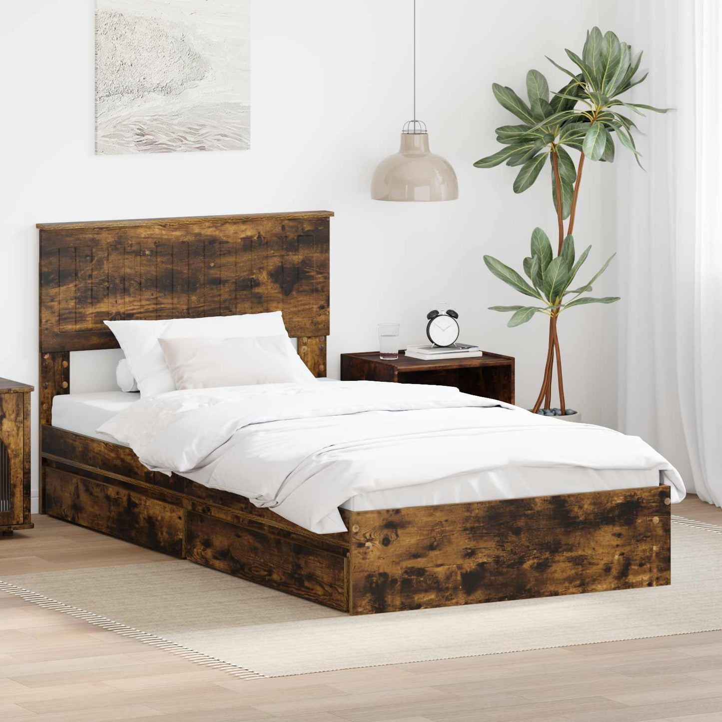 Tárolós Ágy fiókkal Füstölt tölgy 100 x 200 cm Szerelt Fa