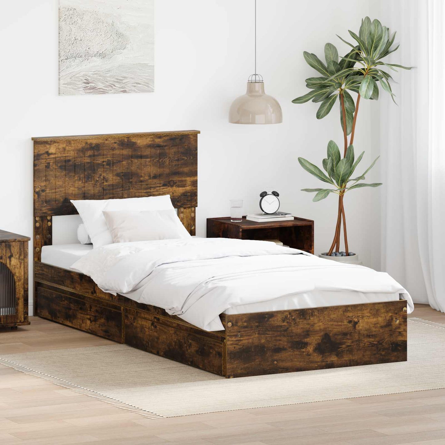 Tárolós Ágy fiókkal Füstölt tölgy 90 x 200 cm Szerelt Fa