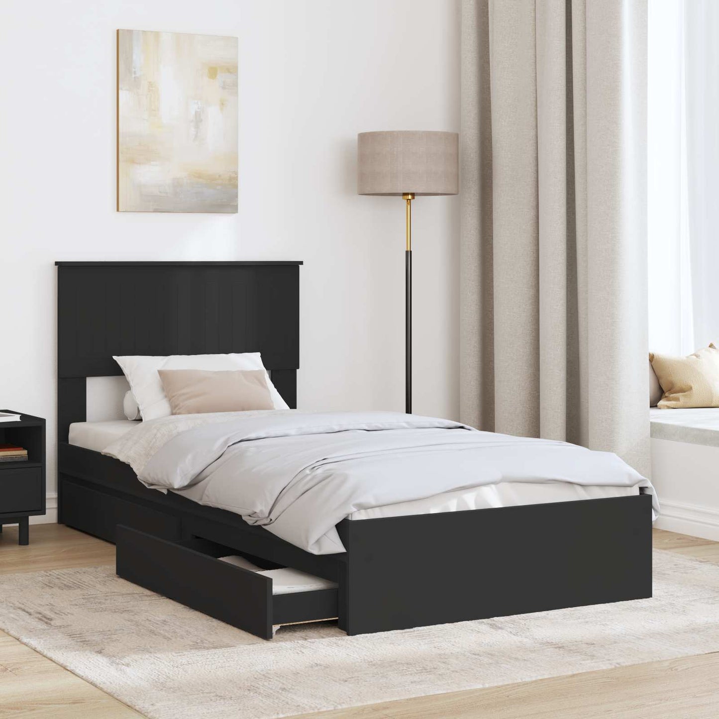Tárolós Ágy fiókkal fejtámlával Fekete 90 x 190 cm Szerelt Fa